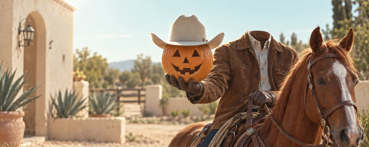 Goose cowboy hat on an October pumpkin beside a rider and horse at a Mexican ranch