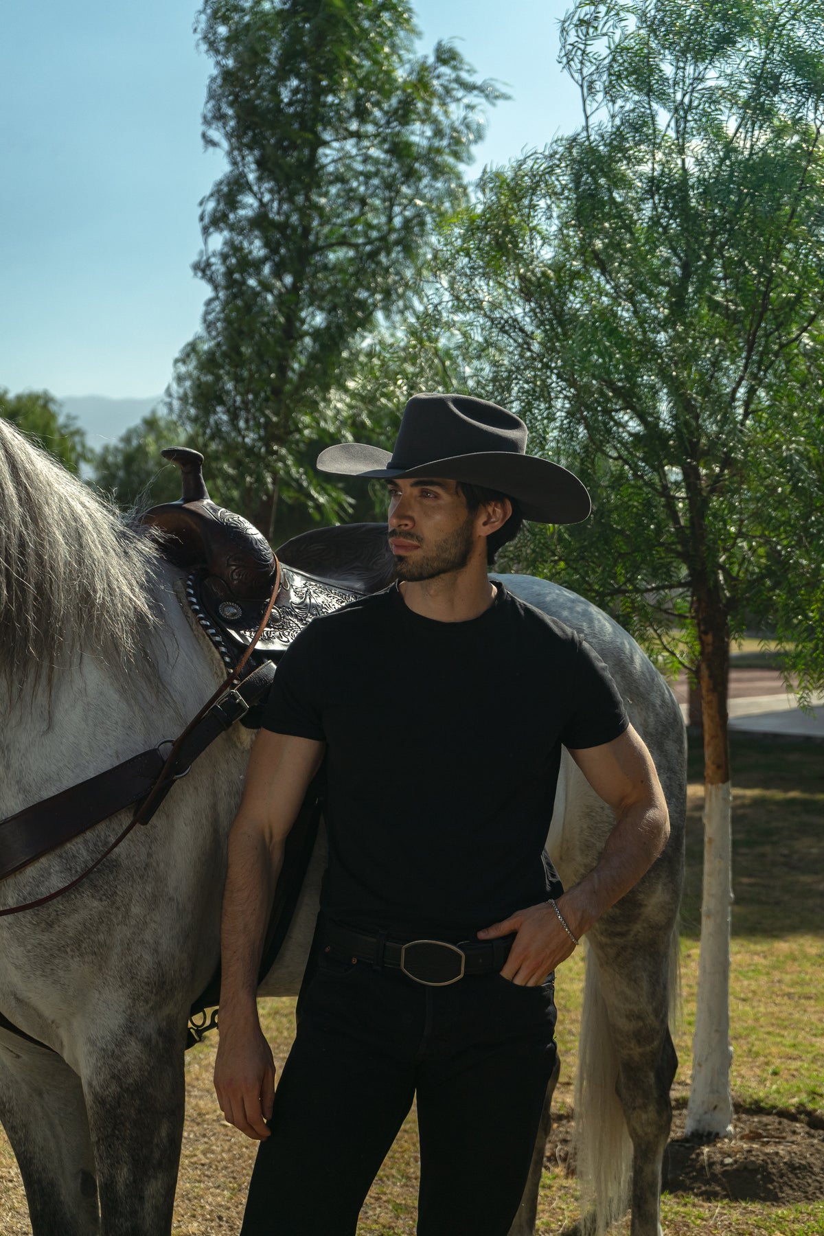 Sombrero John gris en modelo hombre junto al caballo