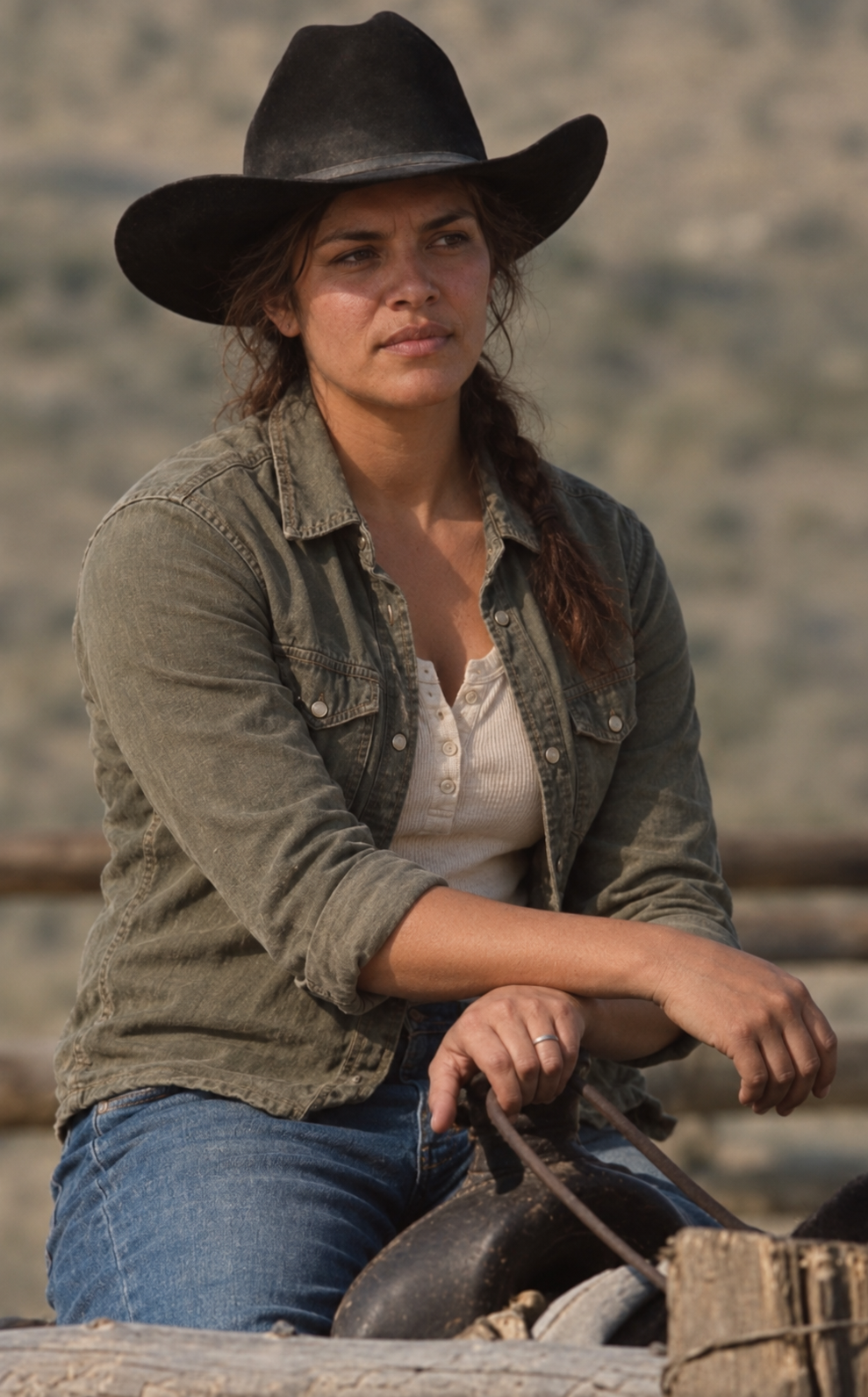 Kayce Dutton: sombrero negro, modelo mujer en rancho
